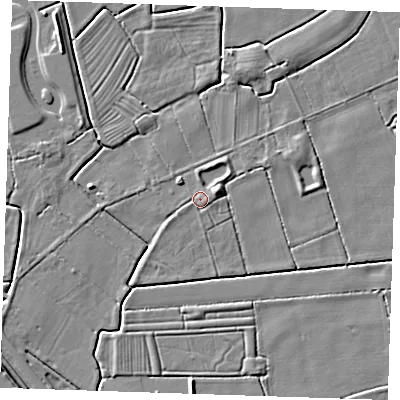 Shaded relief map of the ground around PE245HL, computed from Environment Agency LiDAR. The ground here sits at about 3 m above sea level and falls 5 m across the surrounding 800 m. Surface water reaching this point runs off ground lying to the east-north-east, 2.7 m higher.