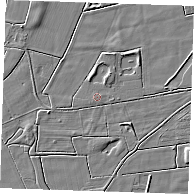 Shaded relief map of the ground around PE245HN, computed from Environment Agency LiDAR. The ground here sits at about 2 m above sea level and falls 4 m across the surrounding 800 m. Surface water reaching this point runs off ground lying to the north, 2.3 m higher.