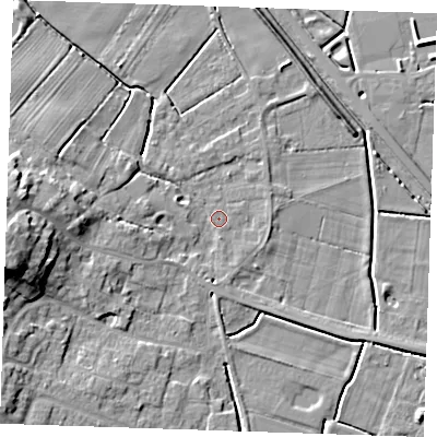 Shaded relief map of the ground around PE245HQ, computed from Environment Agency LiDAR. The ground here sits at about 3 m above sea level and falls 14 m across the surrounding 800 m. Surface water reaching this point runs off ground lying to the west, 12.0 m higher.