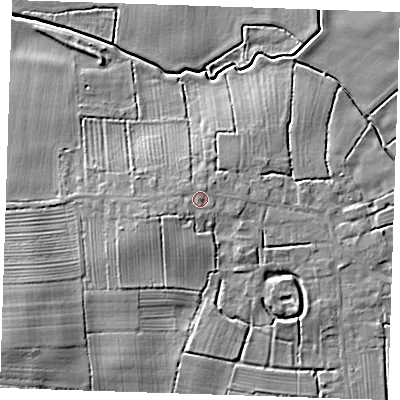 Shaded relief map of the ground around PE245HT, computed from Environment Agency LiDAR. The ground here sits at about 8 m above sea level and falls 9 m across the surrounding 800 m. Surface water reaching this point runs off ground lying to the west-south-west, 1.6 m higher.