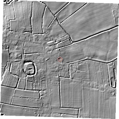 Shaded relief map of the ground around PE245HY, computed from Environment Agency LiDAR. The ground here sits at about 5 m above sea level and falls 7 m across the surrounding 800 m. Surface water reaching this point runs off ground lying to the north-west, 1.5 m higher.