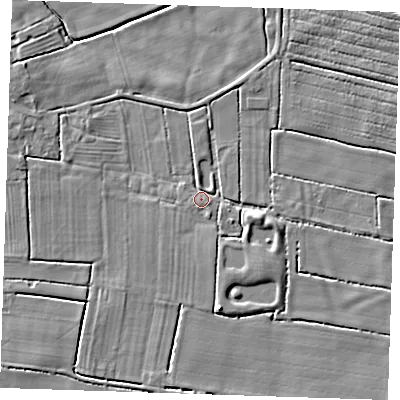 Shaded relief map of the ground around PE245HZ, computed from Environment Agency LiDAR. The ground here sits at about 3 m above sea level and falls 5 m across the surrounding 800 m. Surface water reaching this point runs off ground lying to the west-north-west, 3.5 m higher.