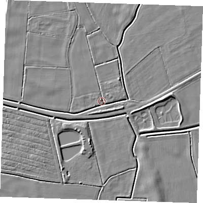 Shaded relief map of the ground around PE245JA, computed from Environment Agency LiDAR. The ground here sits at about 2 m above sea level and falls 5 m across the surrounding 800 m. Surface water reaching this point runs off ground lying to the east-south-east, 3.2 m higher.