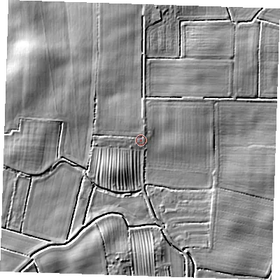 Shaded relief map of the ground around PE245JB, computed from Environment Agency LiDAR. The ground here sits at about 4 m above sea level and falls 6 m across the surrounding 800 m. Surface water reaching this point runs off ground lying to the north-north-east, 1.0 m higher.
