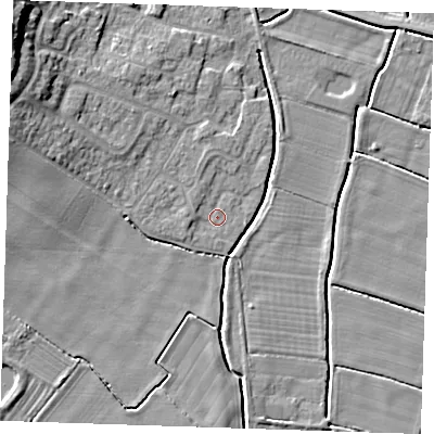 Shaded relief map of the ground around PE245JE, computed from Environment Agency LiDAR. The ground here sits at about 2 m above sea level and falls 12 m across the surrounding 800 m. Surface water reaching this point runs off ground lying to the west, 1.1 m higher.