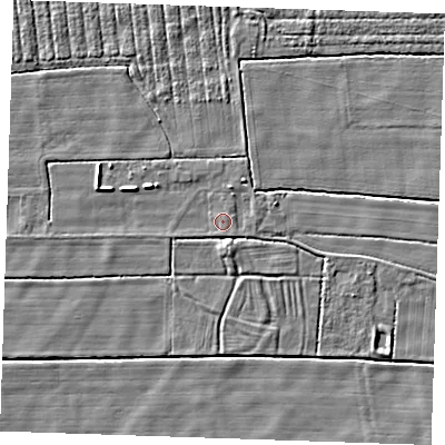 Shaded relief map of the ground around PE245JQ, computed from Environment Agency LiDAR. The ground here sits at about 2 m above sea level and falls 4 m across the surrounding 800 m. Surface water reaching this point runs off ground lying to the south, 0.5 m higher.