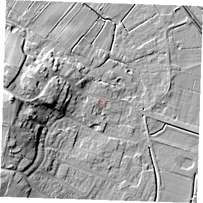 Shaded relief map of the ground around PE245JT, computed from Environment Agency LiDAR. The ground here sits at about 4 m above sea level and falls 20 m across the surrounding 800 m. Surface water reaching this point runs off ground lying to the west, 11.6 m higher.