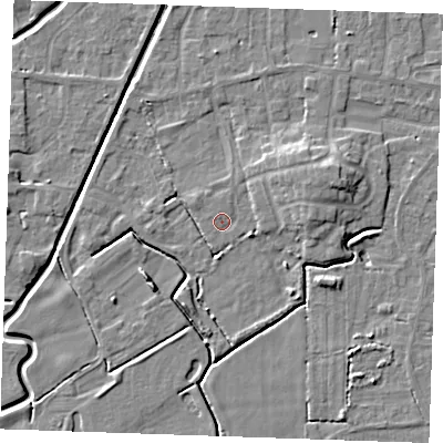 Shaded relief map of the ground around PE245JU, computed from Environment Agency LiDAR. The ground here sits at about 3 m above sea level and falls 6 m across the surrounding 800 m. Surface water reaching this point runs off ground lying to the west-north-west, 0.6 m higher.
