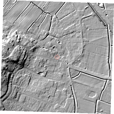 Shaded relief map of the ground around PE245JZ, computed from Environment Agency LiDAR. The ground here sits at about 2 m above sea level and falls 15 m across the surrounding 800 m. Surface water reaching this point runs off ground lying to the west, 13.6 m higher.