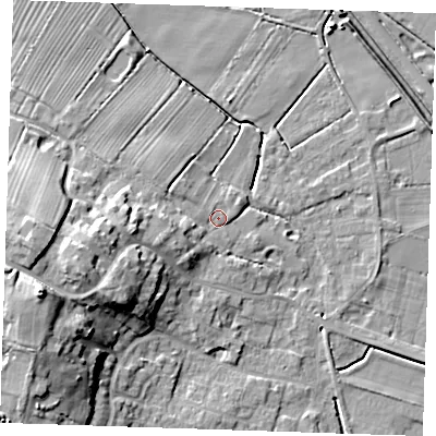 Shaded relief map of the ground around PE245LA, computed from Environment Agency LiDAR. The ground here sits at about 5 m above sea level and falls 20 m across the surrounding 800 m. Surface water reaching this point runs off ground lying to the west, 9.2 m higher.