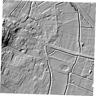 Shaded relief map of the ground around PE245LJ, computed from Environment Agency LiDAR. The ground here sits at about 2 m above sea level and falls 13 m across the surrounding 800 m. Surface water reaching this point runs off ground lying to the west, 0.9 m higher.