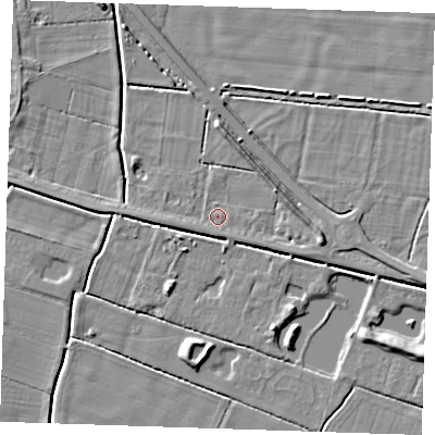 Shaded relief map of the ground around PE245LL, computed from Environment Agency LiDAR. The ground here sits at about 2 m above sea level and falls 4 m across the surrounding 800 m. Surface water reaching this point runs off ground lying to the south-west, 0.8 m higher.