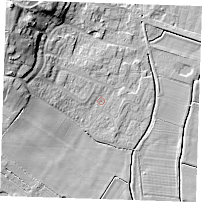 Shaded relief map of the ground around PE245LP, computed from Environment Agency LiDAR. The ground here sits at about 3 m above sea level and falls 20 m across the surrounding 800 m. Surface water reaching this point runs off ground lying to the west, 3.4 m higher.