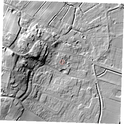 Shaded relief map of the ground around PE245LQ, computed from Environment Agency LiDAR. The ground here sits at about 4 m above sea level and falls 20 m across the surrounding 800 m. Surface water reaching this point runs off ground lying to the west-north-west, 3.5 m higher.