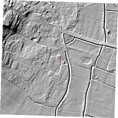 Shaded relief map of the ground around PE245LR, computed from Environment Agency LiDAR. The ground here sits at about 3 m above sea level and falls 14 m across the surrounding 800 m. Surface water reaching this point runs off ground lying to the west, 6.2 m higher.