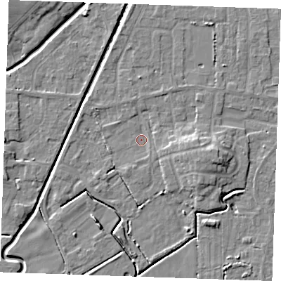 Shaded relief map of the ground around PE245LS, computed from Environment Agency LiDAR. The ground here sits at about 2 m above sea level and falls 6 m across the surrounding 800 m. Surface water reaching this point runs off ground lying to the east, 3.9 m higher.