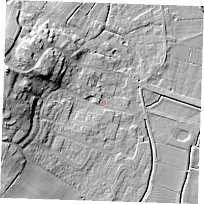 Shaded relief map of the ground around PE245LT, computed from Environment Agency LiDAR. The ground here sits at about 3 m above sea level and falls 20 m across the surrounding 800 m. Surface water reaching this point runs off ground lying to the west-north-west, 18.2 m higher.