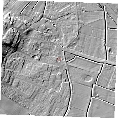 Shaded relief map of the ground around PE245LW, computed from Environment Agency LiDAR. The ground here sits at about 2 m above sea level and falls 14 m across the surrounding 800 m. Surface water reaching this point runs off ground lying to the west-north-west, 13.3 m higher.