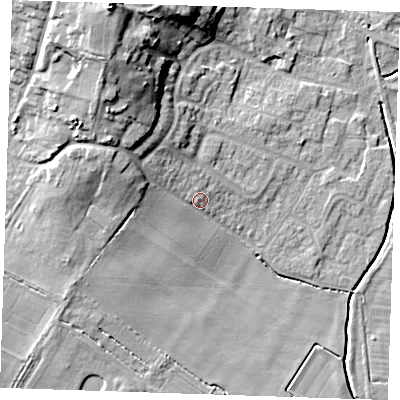 Shaded relief map of the ground around PE245LX, computed from Environment Agency LiDAR. The ground here sits at about 5 m above sea level and falls 20 m across the surrounding 800 m. Surface water reaching this point runs off ground lying to the west-north-west, 6.1 m higher.