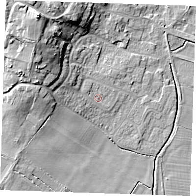 Shaded relief map of the ground around PE245LZ, computed from Environment Agency LiDAR. The ground here sits at about 4 m above sea level and falls 20 m across the surrounding 800 m. Surface water reaching this point runs off ground lying to the west-north-west, 10.7 m higher.