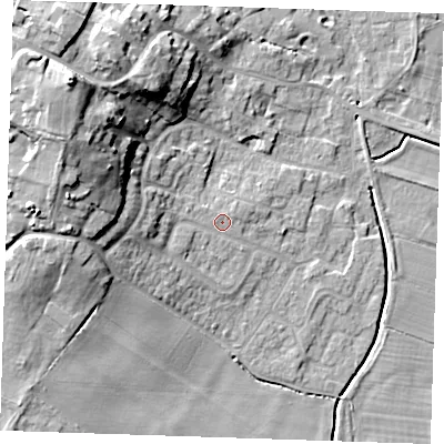 Shaded relief map of the ground around PE245NA, computed from Environment Agency LiDAR. The ground here sits at about 4 m above sea level and falls 20 m across the surrounding 800 m. Surface water reaching this point runs off ground lying to the west, 4.0 m higher.