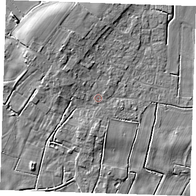 Shaded relief map of the ground around PE245NB, computed from Environment Agency LiDAR. The ground here sits at about 3 m above sea level and falls 6 m across the surrounding 800 m. Surface water reaching this point runs off ground lying to the south, 1.8 m higher.