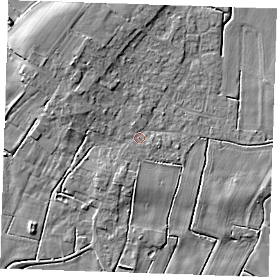 Shaded relief map of the ground around PE245ND, computed from Environment Agency LiDAR. The ground here sits at about 3 m above sea level and falls 6 m across the surrounding 800 m. Surface water reaching this point runs off ground lying to the south-south-west, 1.8 m higher.