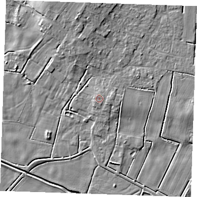Shaded relief map of the ground around PE245NE, computed from Environment Agency LiDAR. The ground here sits at about 4 m above sea level and falls 7 m across the surrounding 800 m. Surface water reaching this point runs off ground lying to the north-east, 0.9 m higher.