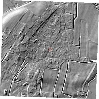 Shaded relief map of the ground around PE245NH, computed from Environment Agency LiDAR. The ground here sits at about 2 m above sea level and falls 6 m across the surrounding 800 m. Surface water reaching this point runs off ground lying to the west-north-west, 4.0 m higher.