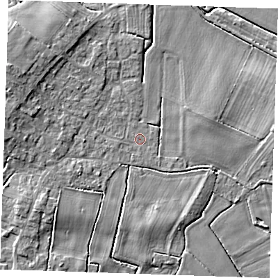 Shaded relief map of the ground around PE245NJ, computed from Environment Agency LiDAR. The ground here sits at about 2 m above sea level and falls 6 m across the surrounding 800 m. Surface water reaching this point runs off ground lying to the west, 4.9 m higher.