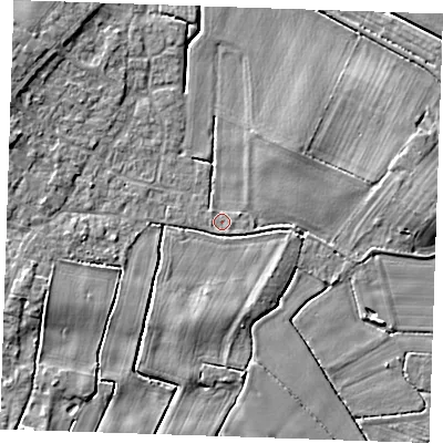 Shaded relief map of the ground around PE245NL, computed from Environment Agency LiDAR. The ground here sits at about 2 m above sea level and falls 5 m across the surrounding 800 m. Surface water reaching this point runs off ground lying to the east, 4.2 m higher.