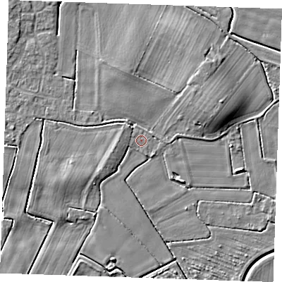 Shaded relief map of the ground around PE245NN, computed from Environment Agency LiDAR. The ground here sits at about 2 m above sea level and falls 6 m across the surrounding 800 m. Surface water reaching this point runs off ground lying to the west, 1.3 m higher.