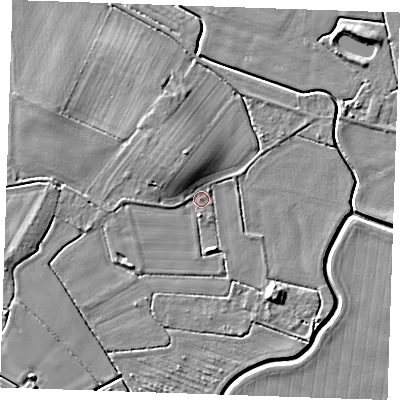 Shaded relief map of the ground around PE245NP, computed from Environment Agency LiDAR. The ground here sits at about 3 m above sea level and falls 6 m across the surrounding 800 m. Surface water reaching this point runs off ground lying to the west-south-west, 1.0 m higher.