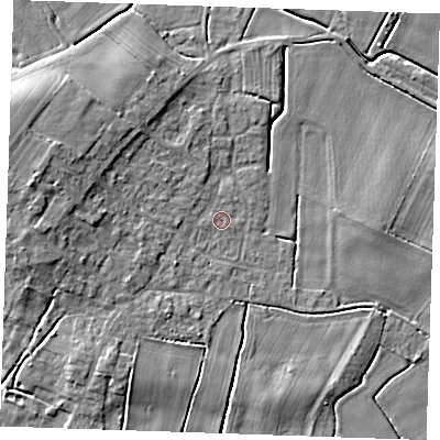 Shaded relief map of the ground around PE245NU, computed from Environment Agency LiDAR. The ground here sits at about 2 m above sea level and falls 6 m across the surrounding 800 m. Surface water reaching this point runs off ground lying to the west, 5.9 m higher.