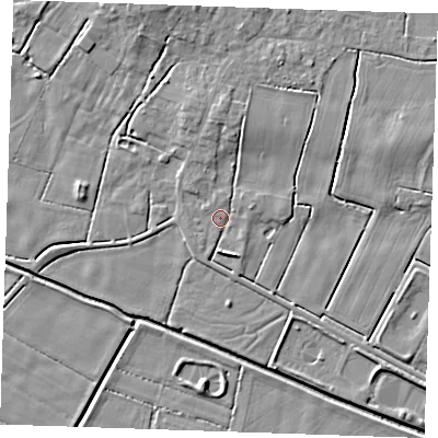 Shaded relief map of the ground around PE245NX, computed from Environment Agency LiDAR. The ground here sits at about 2 m above sea level and falls 5 m across the surrounding 800 m. Surface water reaching this point runs off ground lying to the north-north-east, 3.6 m higher.