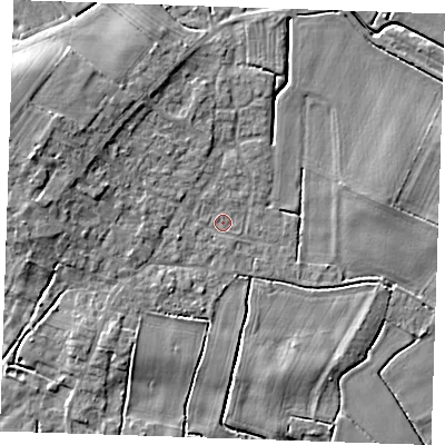 Shaded relief map of the ground around PE245NY, computed from Environment Agency LiDAR. The ground here sits at about 2 m above sea level and falls 6 m across the surrounding 800 m. Surface water reaching this point runs off ground lying to the west-north-west, 5.9 m higher.