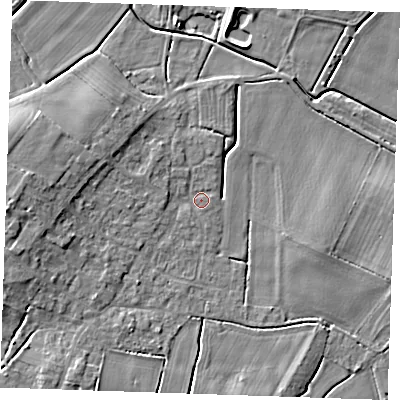 Shaded relief map of the ground around PE245NZ, computed from Environment Agency LiDAR. The ground here sits at about 2 m above sea level and falls 7 m across the surrounding 800 m. Surface water reaching this point runs off ground lying to the north-west, 1.5 m higher.