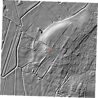 Shaded relief map of the ground around PE245PA, computed from Environment Agency LiDAR. The ground here sits at about 6 m above sea level and falls 7 m across the surrounding 800 m. Surface water reaching this point runs off ground lying to the north, 1.2 m higher.