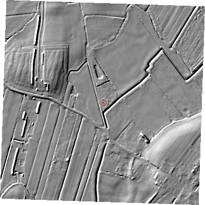 Shaded relief map of the ground around PE245PB, computed from Environment Agency LiDAR. The ground here sits at about 2 m above sea level and falls 7 m across the surrounding 800 m. Surface water reaching this point runs off ground lying to the south-west, 1.2 m higher.