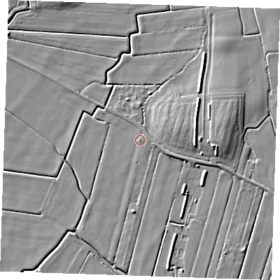 Shaded relief map of the ground around PE245PD, computed from Environment Agency LiDAR. The ground here sits at about 2 m above sea level and falls 7 m across the surrounding 800 m. Surface water reaching this point runs off ground lying to the east-north-east, 0.9 m higher.