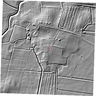 Shaded relief map of the ground around PE245PE, computed from Environment Agency LiDAR. The ground here sits at about 5 m above sea level and falls 8 m across the surrounding 800 m. Surface water reaching this point runs off ground lying to the north-north-east, 0.6 m higher.