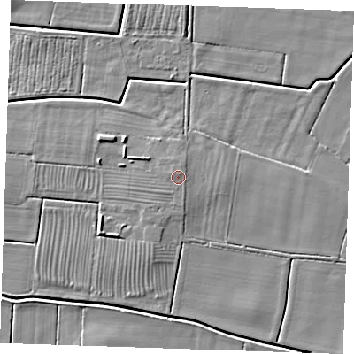Shaded relief map of the ground around PE245PF, computed from Environment Agency LiDAR. The ground here sits at about 4 m above sea level and falls 5 m across the surrounding 800 m. Surface water reaching this point runs off ground lying to the north-east, 0.7 m higher.