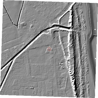 Shaded relief map of the ground around PE245PH, computed from Environment Agency LiDAR. The ground here sits at about 2 m above sea level and falls 15 m across the surrounding 800 m. Surface water reaching this point runs off ground lying to the north, 2.7 m higher.