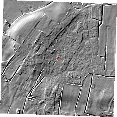 Shaded relief map of the ground around PE245PL, computed from Environment Agency LiDAR. The ground here sits at about 3 m above sea level and falls 6 m across the surrounding 800 m. Surface water reaching this point runs off ground lying to the west-north-west, 3.4 m higher.