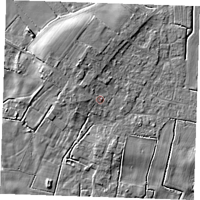 Shaded relief map of the ground around PE245PP, computed from Environment Agency LiDAR. The ground here sits at about 4 m above sea level and falls 6 m across the surrounding 800 m. Surface water reaching this point runs off ground lying to the north-west, 2.4 m higher.