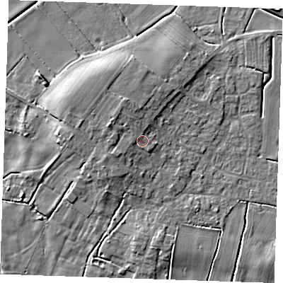 Shaded relief map of the ground around PE245PR, computed from Environment Agency LiDAR. The ground here sits at about 4 m above sea level and falls 7 m across the surrounding 800 m. Surface water reaching this point runs off ground lying to the west-north-west, 2.9 m higher.