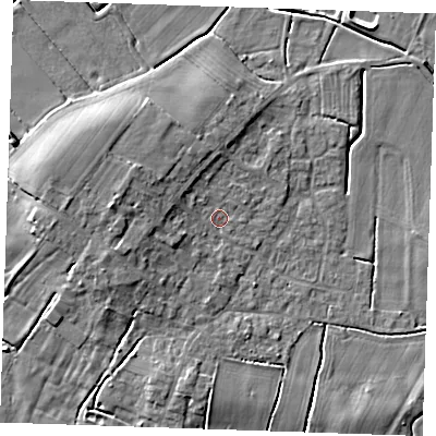 Shaded relief map of the ground around PE245PS, computed from Environment Agency LiDAR. The ground here sits at about 3 m above sea level and falls 7 m across the surrounding 800 m. Surface water reaching this point runs off ground lying to the west-north-west, 3.6 m higher.