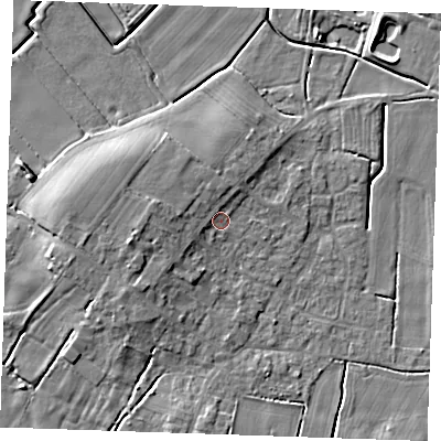 Shaded relief map of the ground around PE245PT, computed from Environment Agency LiDAR. The ground here sits at about 4 m above sea level and falls 7 m across the surrounding 800 m. Surface water reaching this point runs off ground lying to the west-north-west, 1.8 m higher.