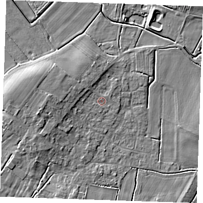 Shaded relief map of the ground around PE245PU, computed from Environment Agency LiDAR. The ground here sits at about 3 m above sea level and falls 7 m across the surrounding 800 m. Surface water reaching this point runs off ground lying to the west, 3.5 m higher.