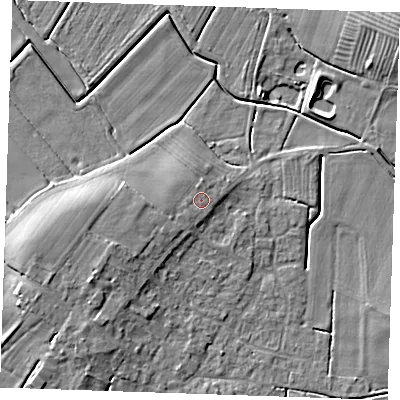 Shaded relief map of the ground around PE245QA, computed from Environment Agency LiDAR. The ground here sits at about 4 m above sea level and falls 7 m across the surrounding 800 m. Surface water reaching this point runs off ground lying to the west, 0.6 m higher.